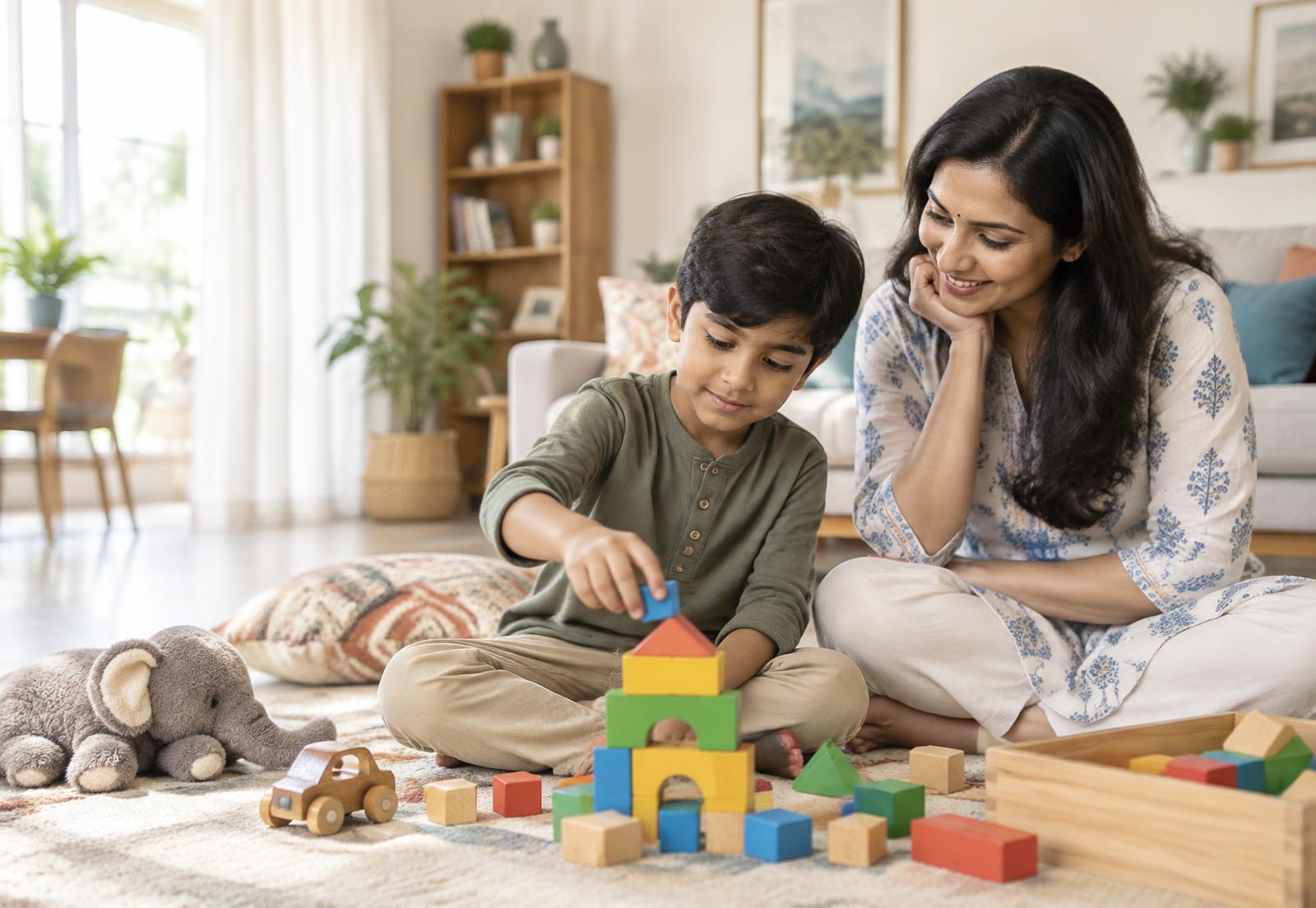 A mother beside her child as he builds with colourful blocks at home